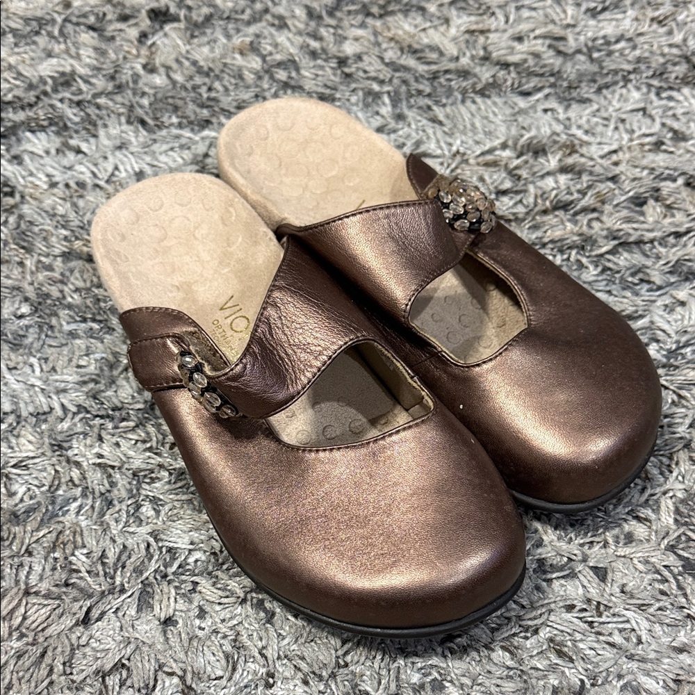 Vionic Metallic Brown Mules With Embellished Velc… - image 1